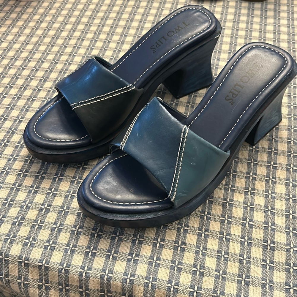 Two Lips leather and wood block heeled patchwork sandals